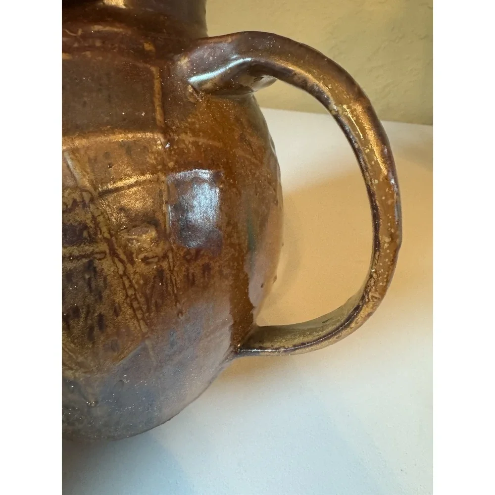Vintage Studio Pottery Pitcher Hand Thrown Faceted Brown Glaze Art Jug Rustic